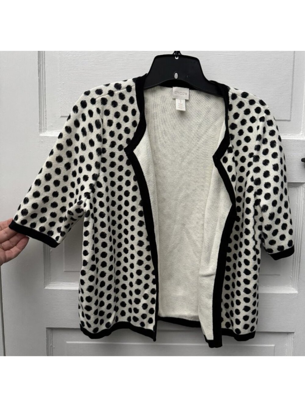 Chico’s Sandra Cardigan Women’s 1 M Black White Polka Dot Cotton Short Sleeve